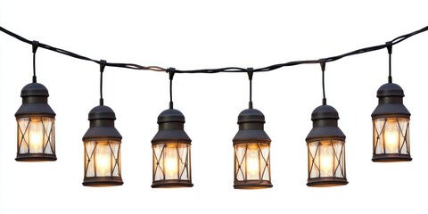 Outdoor light chain with hanging lantern bulbs on white background