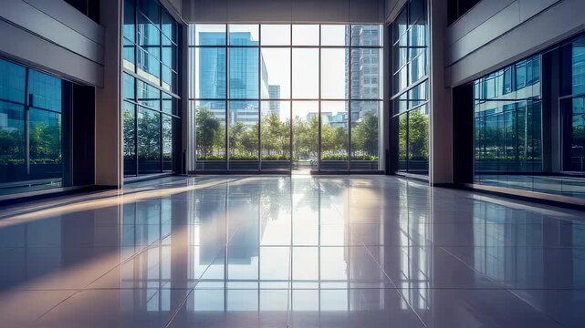 Bright sunlight illuminates empty modern office lobby with glass windows
