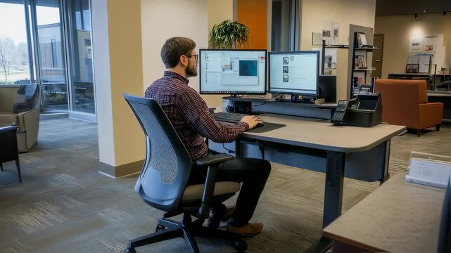 Man works at modern office desk with dual monitors and ergonomic chair