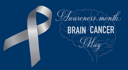 Brain Cancer Awareness. Hope concept. Celebrated in May. Realistic gray ribbon on a dark blue background. Poster