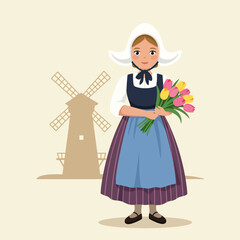 Woman Holding Tulips Near Windmill in Traditional Garb Flat Illustration