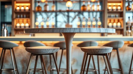 Counter-Height Bar Table Mockup with High Stools and Soft Focus Cocktail Bar Background with Glowing Bottles and Warm Lighting