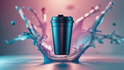 Colorful Travel Mug Floating with Dynamic Water Splash on Pastel Gradient Background