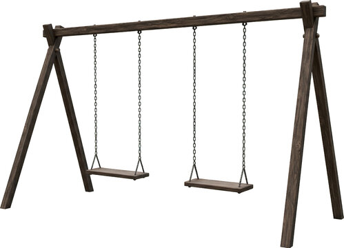 Rustic Wooden Swing Set with Metal Chains Empty Playground Swings Outdoor Recreation