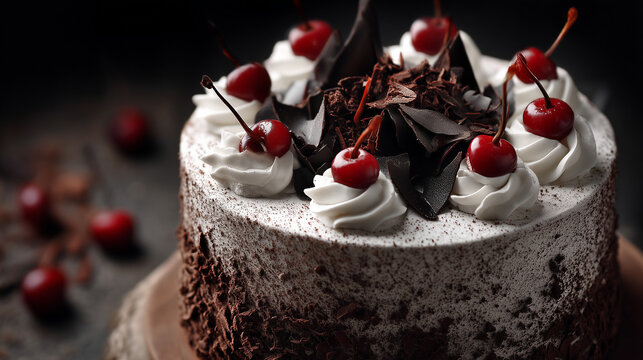 Black forest cake with cherries chocolate shavings whipped cream baked dessert 