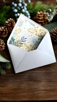 Elegant white envelope lined with botanical floral pattern displayed on rustic wood surface, surrounded by pinecones and berries, creating a festive holiday scene.