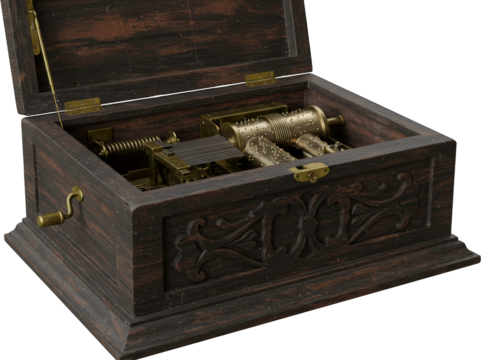 Antique Wooden Music Box with Intricate Carving and Visible Mechanism