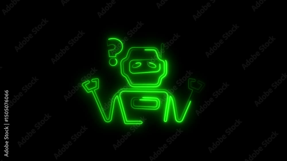 Poster green neon robot with question mark and outstretched hands symbolizing artificial intelligence confu