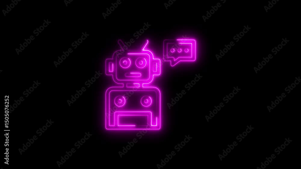 Poster animated neon robotic chatbot icon representing conversational ai and digital assistance on a black 
