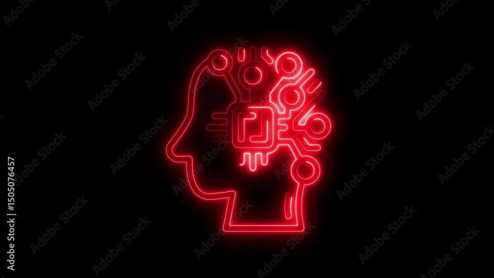 Poster futuristic animated graphic of a glowing red artificial intelligence brain representation on a sleek