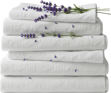 Stack of Fresh White Cotton Sheets with Lavender Clean Linen Bedding Texture
