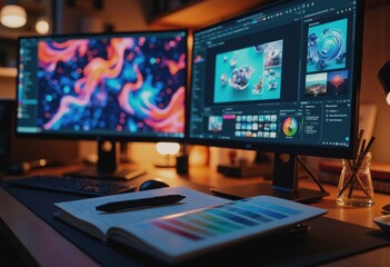 Naklejka premium Graphic designer's dual-monitor setup with stylus tablet and color swatch book