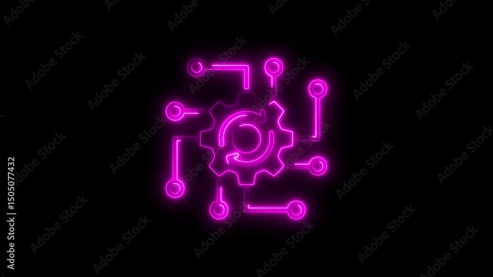Poster glowing neon technology gear icon depicting innovation and progress on a black background with futur