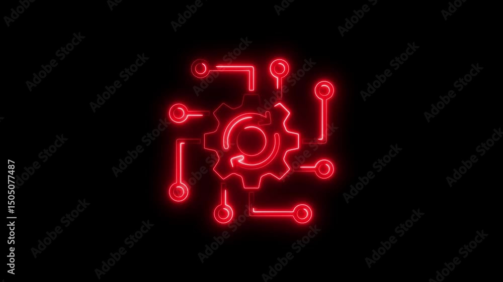 Aufkleber animated red neon style digital processing gear and circuitry icon with glowing lines on a dark back