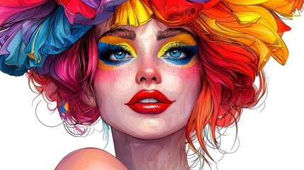 Vibrant Portrait of a Woman with Colorful Makeup and Floral Headpiece for Pride and Drag Celebrations