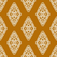 Geometric pattern featuring white ornate diamond shapes on a brown background. 