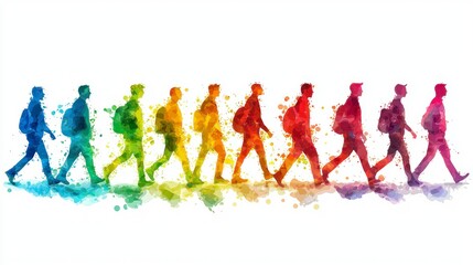 Obraz premium Colorful Illustrations Showcasing Diverse Figures Walking in Unity Through a Creative Watercolor Style