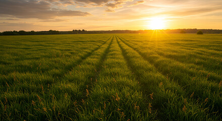 Fototapeta premium Golden Sunset Over Green Field with Tire Tracks Enhancing Scenic Landscape View