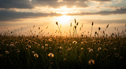 Golden hour illuminates wildflowers in a serene field at dusk or dawn
