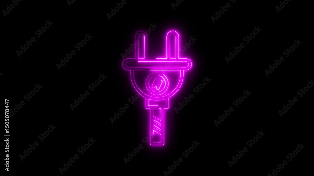 Poster glowing neon plug representing electricity and energy with a simple design against a black backgroun