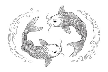 Obraz premium Engraving of two koi fish swimming in a circle isolated on white background
