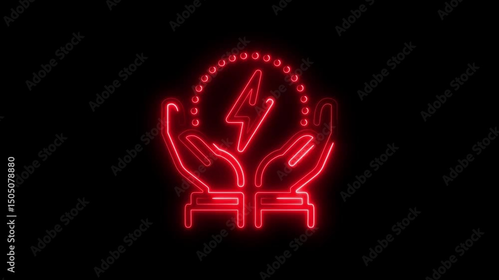 Poster animated red neon hands holding a circular element with lightning symbol on a black background