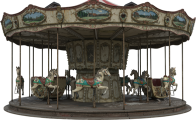 Abandoned Vintage Carousel with Painted Horses Weathered Wood and Detailed Ornamentation