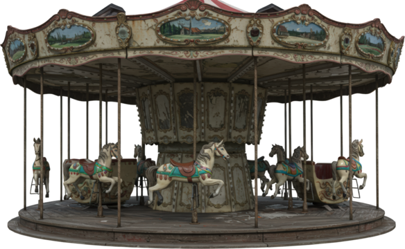 Abandoned Vintage Carousel with Painted Horses Weathered Wood and Detailed Ornamentation