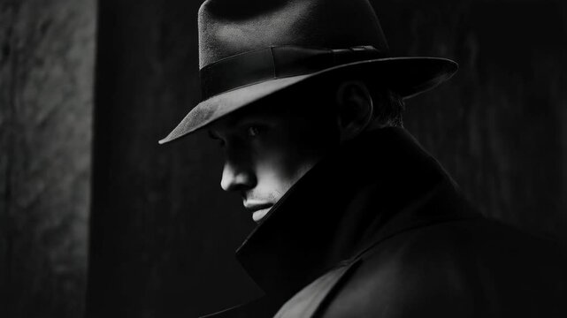 Monochrome close-up of a man in a fedora and trench coat looking to the side in a noir style with dramatic lighting.