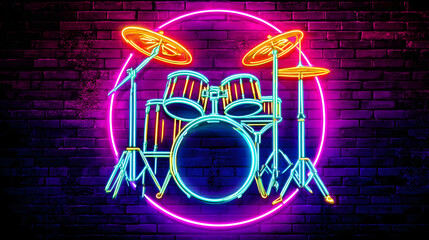 Drumset neon sign on a brick wall