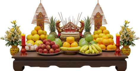 Abundant Fruit Offering with Incense Candles on Altar Table Asian Ritual