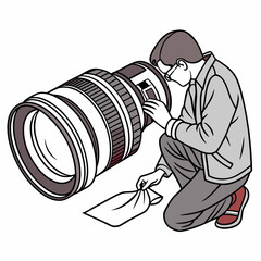 Vector illustration of technician polishing dslr camera lens, isolated on white  background