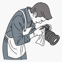 Vector illustration of technician polishing dslr camera lens, isolated on white  background