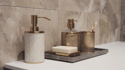 Elegant Bathroom Essentials Set with Gold Accents and Neutral Decor Theme
