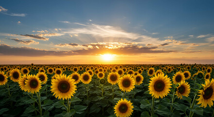 Obraz premium Vibrant sunflower field basking in the warm glow of the setting sun at dusk