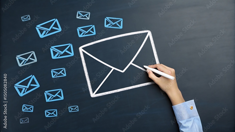 Poster hand drawing a large email envelope with smaller floating mail symbols on a dark textured background