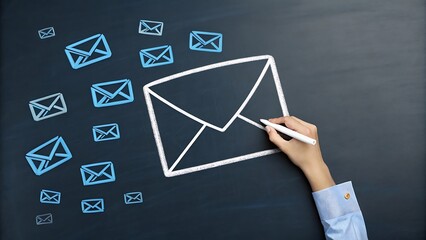 Hand drawing a large email envelope with smaller floating mail symbols on a dark textured background depicting communication.
