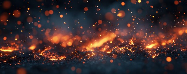 Fototapeta premium Glowing embers and fire sparks illuminating a dark background.