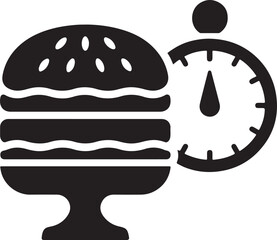 Silhouette vector of a burger with a kitchen timer, symbolizing precise cooking time. Perfect for food prep, cooking apps, and restaurant branding.