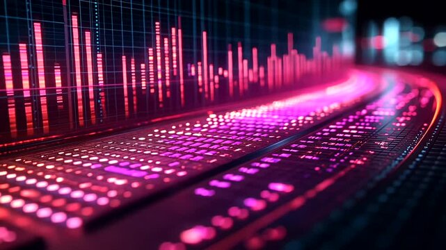 Illuminated data flow visualization shows glowing pink and purple information cascading across a grid with blue histograms displayed