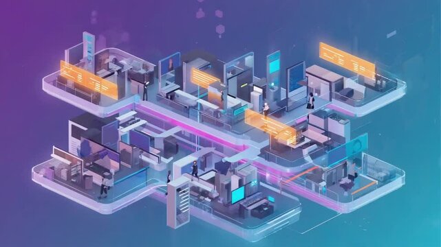 high-tech virtual office floating in digital cloud space, employees as avatars walking through data tunnels, futuristic dashboards and holograms, ethereal neon colors, metaverse vibe