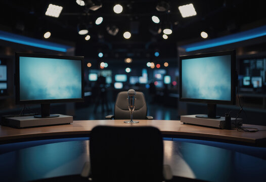 Empty news desk featuring a microphone and teleprompter screens