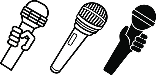 Singer Hand with Microphone Minimalist Black Icon Design, Mic in Hand Black Silhouette Vector Illustration, Hand Holding Microphone Silhouette Icon on White Background.