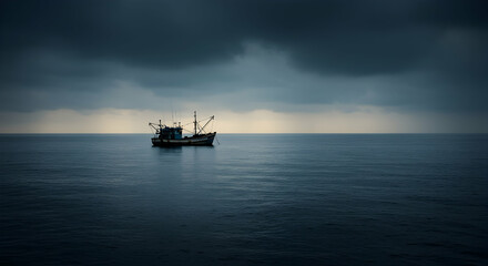 Lonely fishing vessel on a calm sea under an overcast sky with dramatic clouds