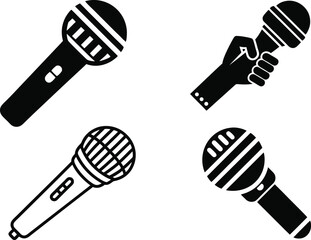 Singer Hand with Microphone Minimalist Black Icon Design, Mic in Hand Black Silhouette Vector Illustration, Hand Holding Microphone Silhouette Icon on White Background.