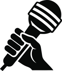 Singer Hand with Microphone Minimalist Black Icon Design, Mic in Hand Black Silhouette Vector Illustration, Hand Holding Microphone Silhouette Icon on White Background.