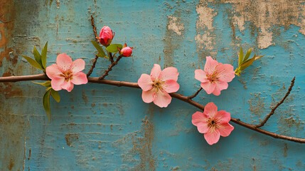 Elegant peach blossoms on textured blue background, delicate floral composition for spring decor, wedding design, feminine branding, greeting cards, and seasonal illustrations

