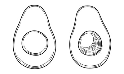 Set of black avocado slices with pit engraved style isolated on white background. Tropical summer fruit vector hand drawn illustration. Detailed food drawing for label, poster, print.