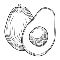 Composition of black whole avocado and slice with pit engraved style isolated on white background. Tropical summer fruit vector hand drawn illustration. Detailed food drawing for label, poster, print