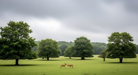 Two deer sparring in a lush green meadow dotted with large trees under an overcast sky. The peaceful natural landscape, framed by distant forest and soft, diffused light, evokes a serene and majestic 